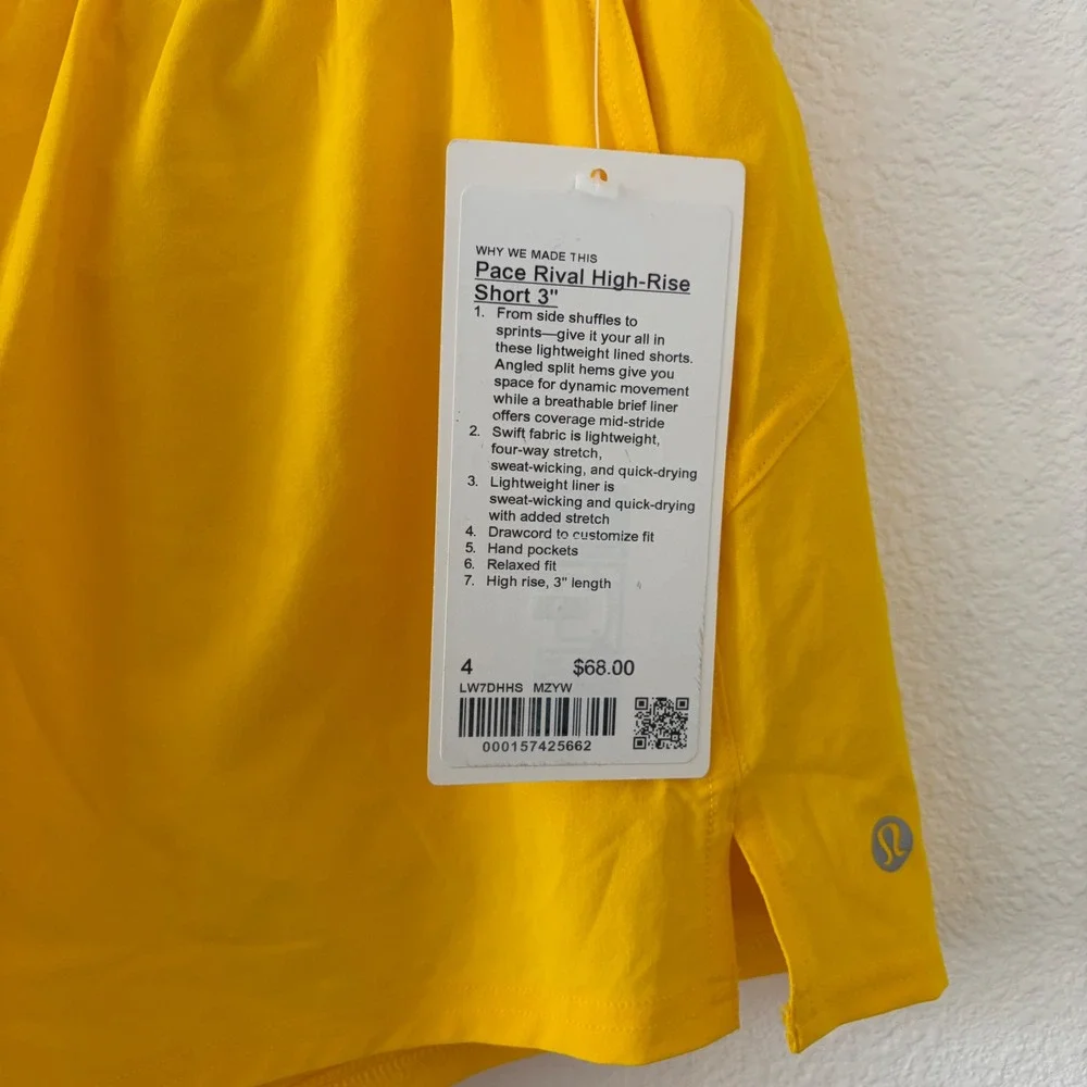 Lululemon Pace Rival High-Rise Short Women 4 Yellow 3" Inseam Athletic Running - Picture 2 of 5
